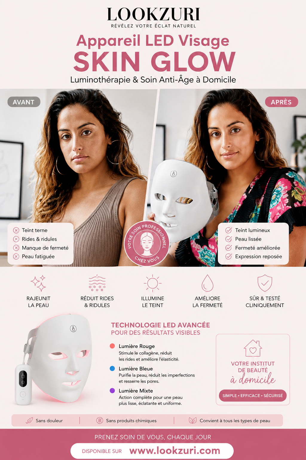 Appareil LED Visage Skin Glow – Avant/Après LOOKZURI