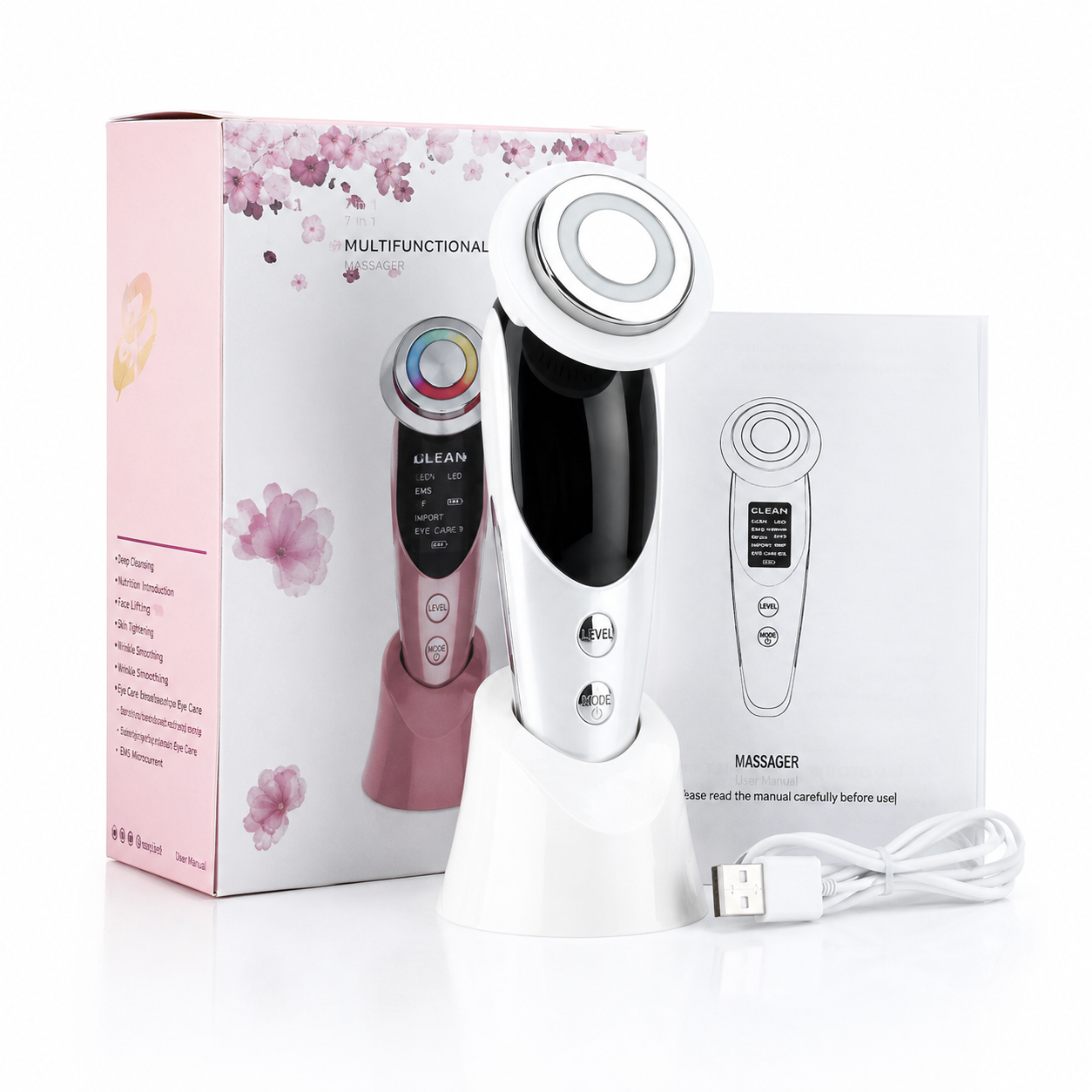 Masseur facial EMS 7-en-1 LOOKZURI — packaging et présentation